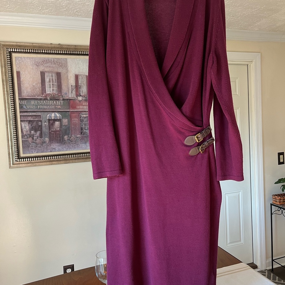 Chaps Long Sleeve Wrap Dress in Deep Plum with Buckle Detail